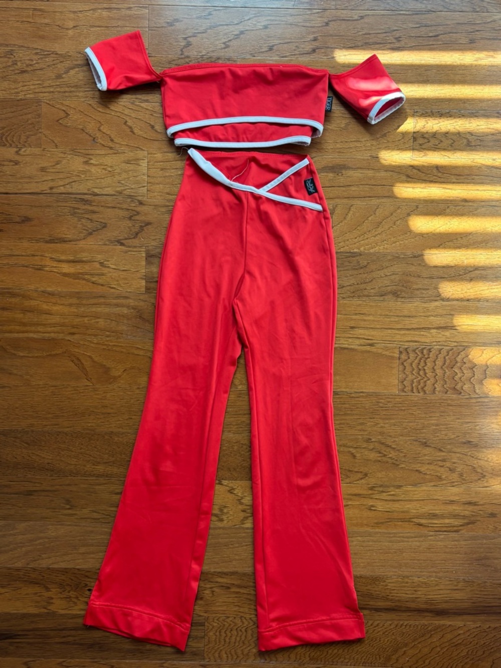 Tiger Friday Red Off-Shoulder Two-Piece Flare Set with White Trim